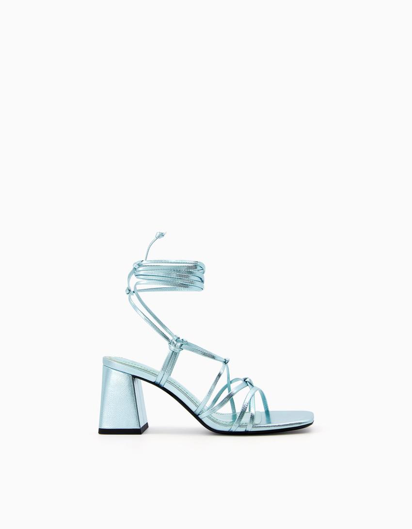 Tied heeled metallic sandals-Silver