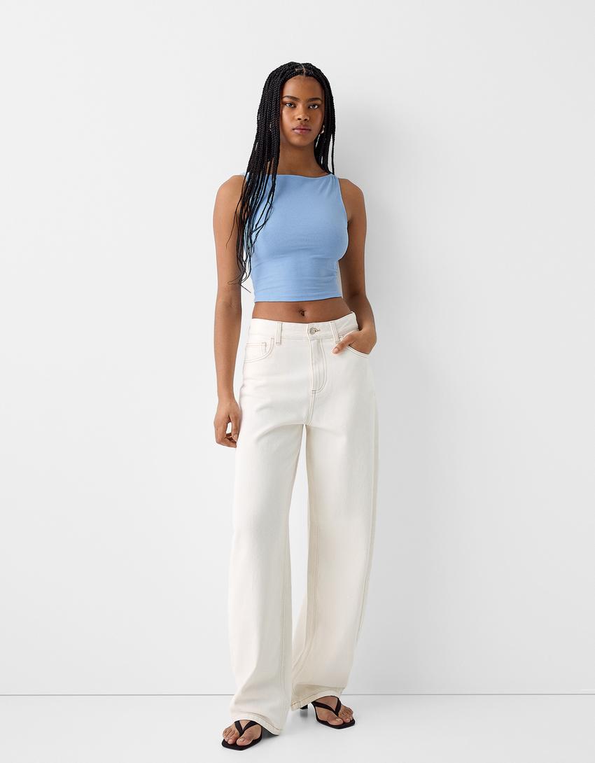 Sleeveless ribbed T-shirt-Light blue-3