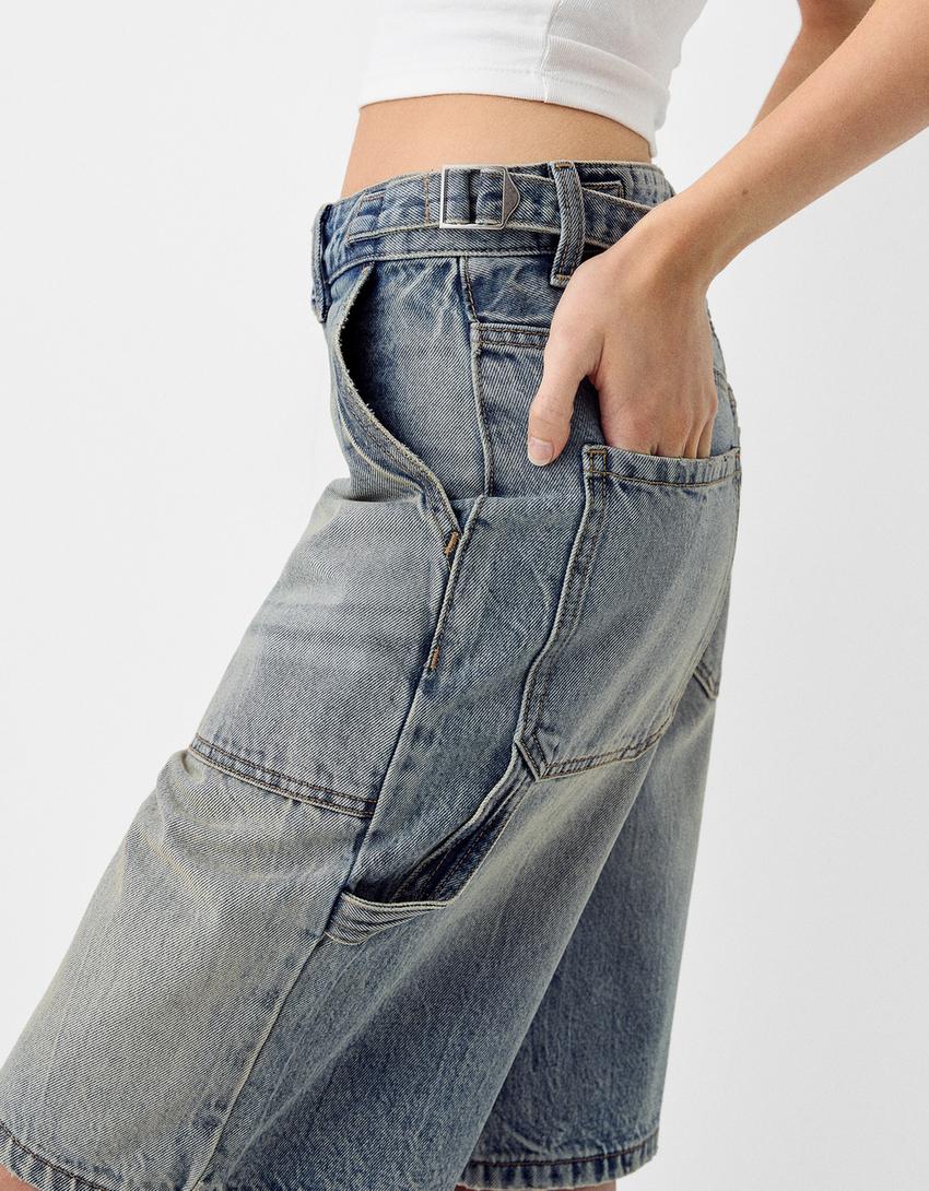 Бермуди от деним с широк крачол и кройка тип балон-Синьо с избелял ефект-6