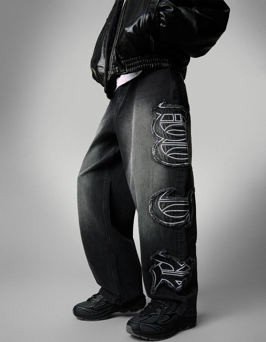 Jeans baggy fit écusson-Noir