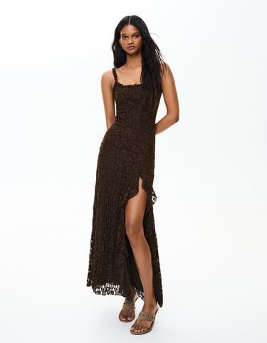 bershka black midi dress Bershka Ruched strap midi dress in black