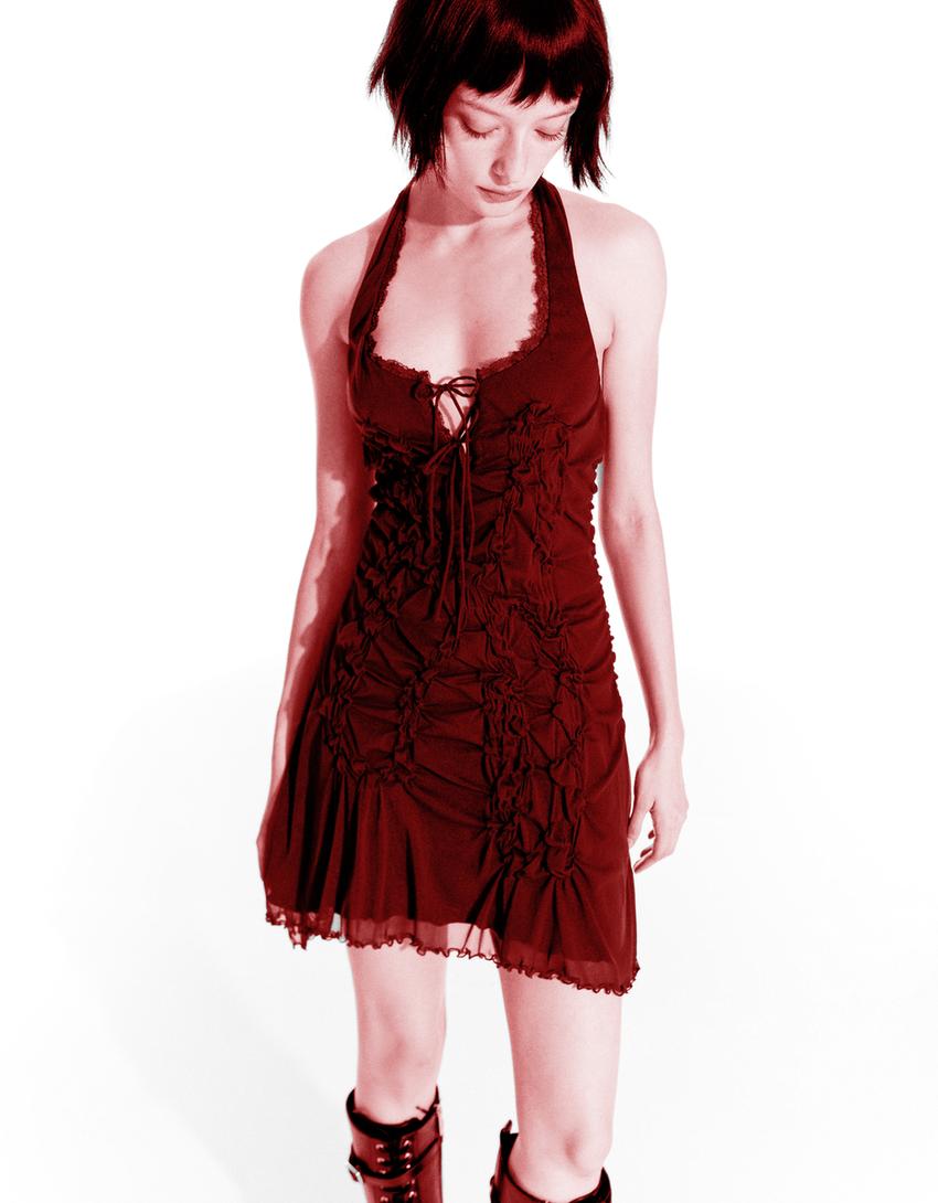 Gathered lace mini dress-Maroon