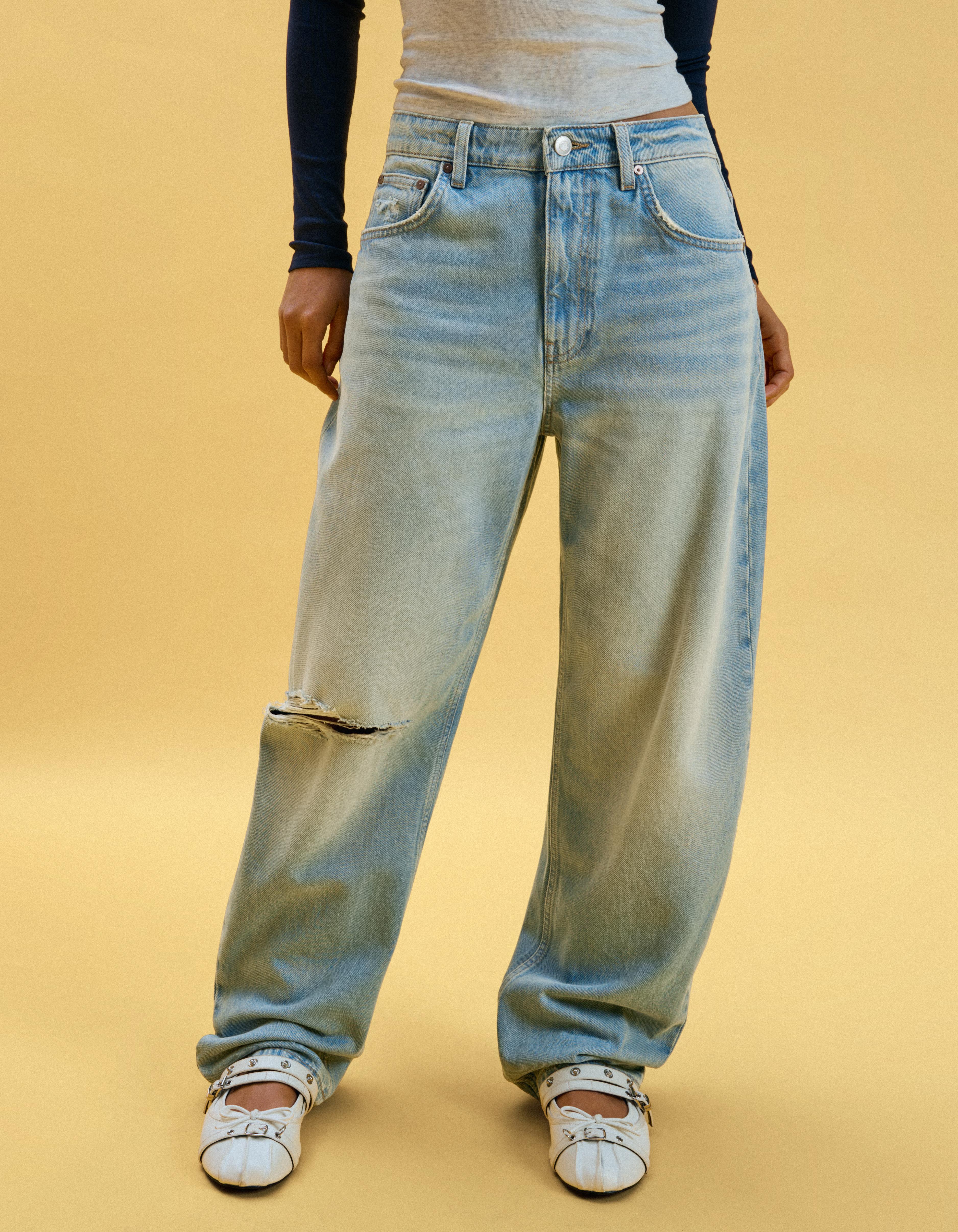 Ripped barrel loose jeans — Light blue
