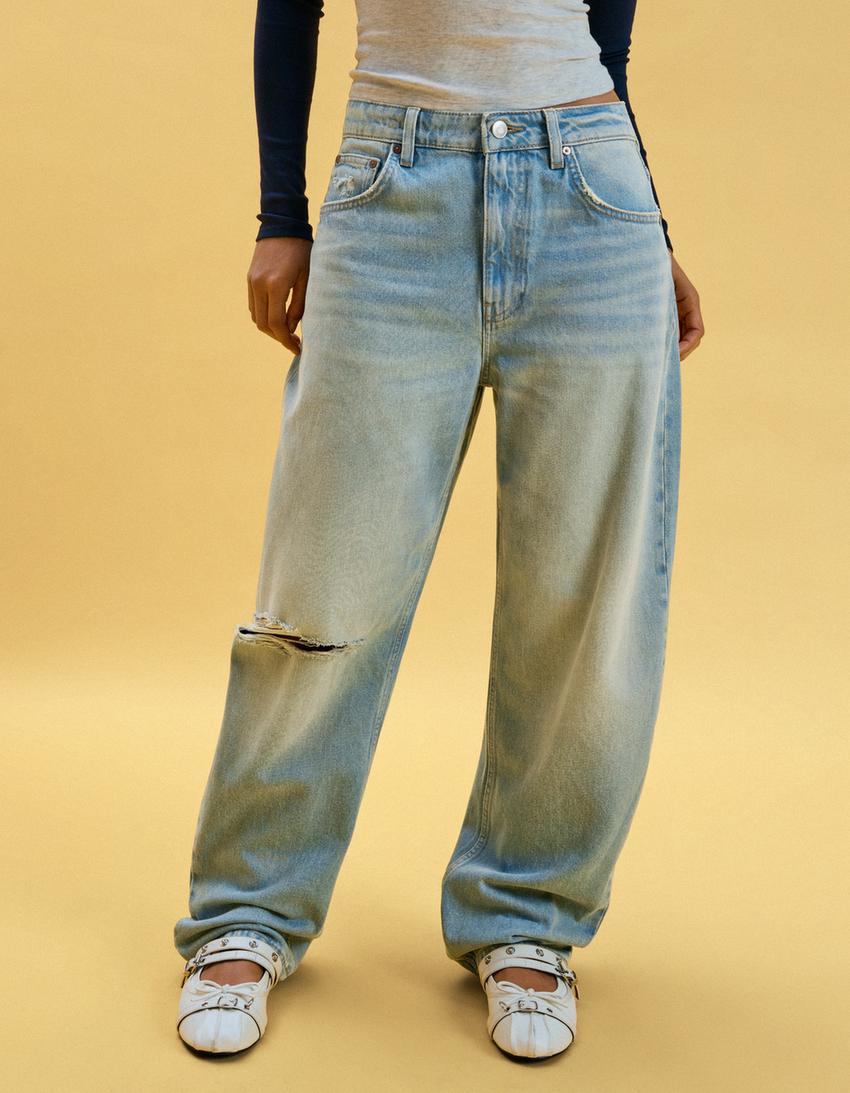 Jeans barrel loose fit strappati-Azzurro Lavato