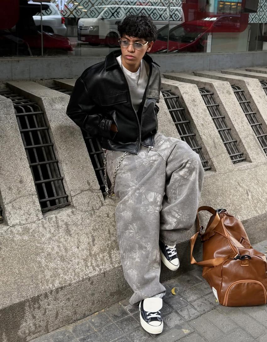 Celana panjang bergambar super baggy-Abu-abu gelap