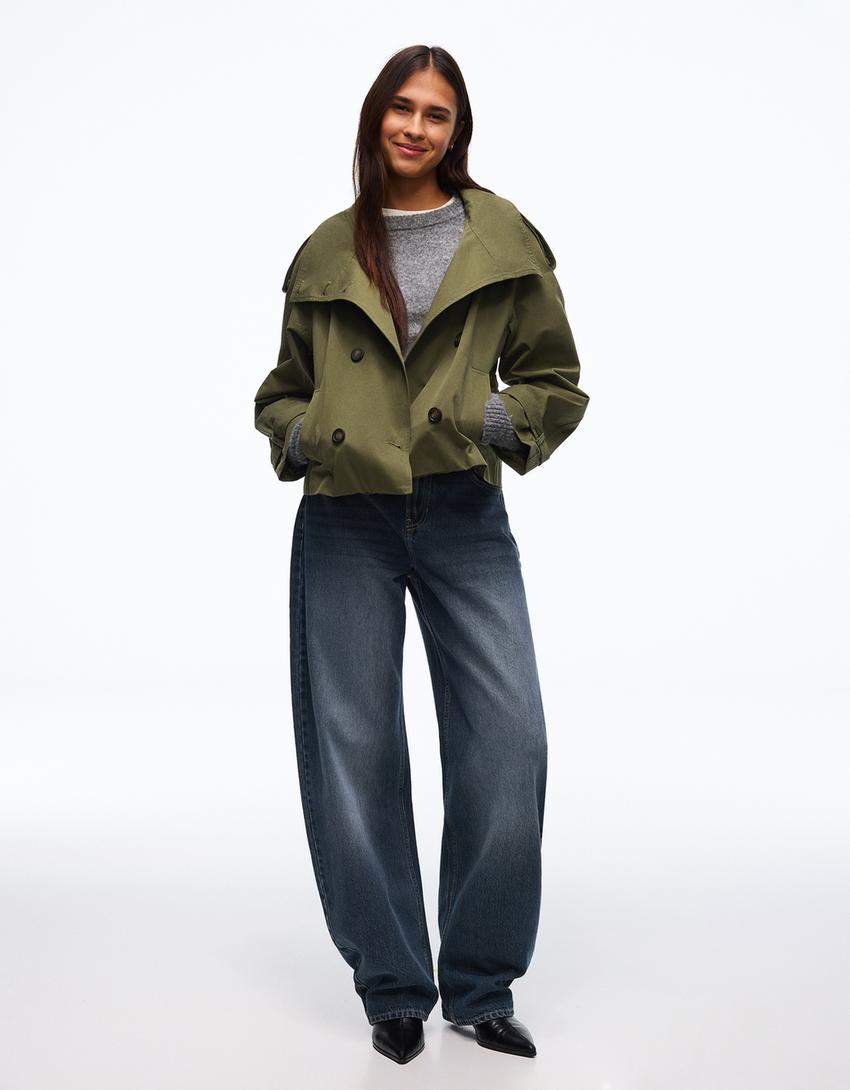 Kurzer Trenchcoat mit Puffärmeln-Khaki
