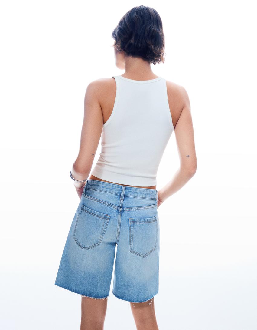 Calções bermuda em denim com brilho-Azul lavado-1