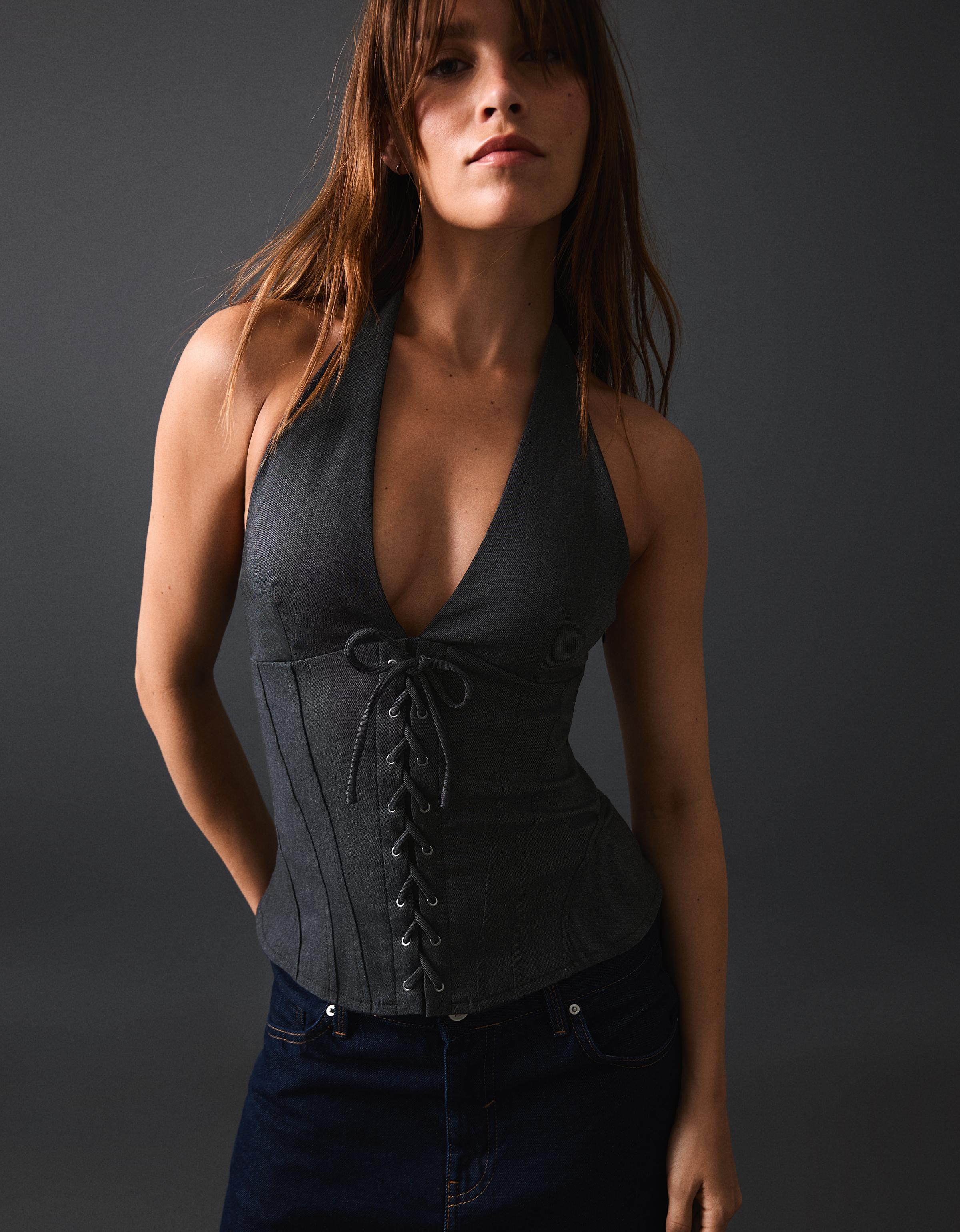 Bershka Top Halter Efecto Corsé Mujer L Azul Oscuro