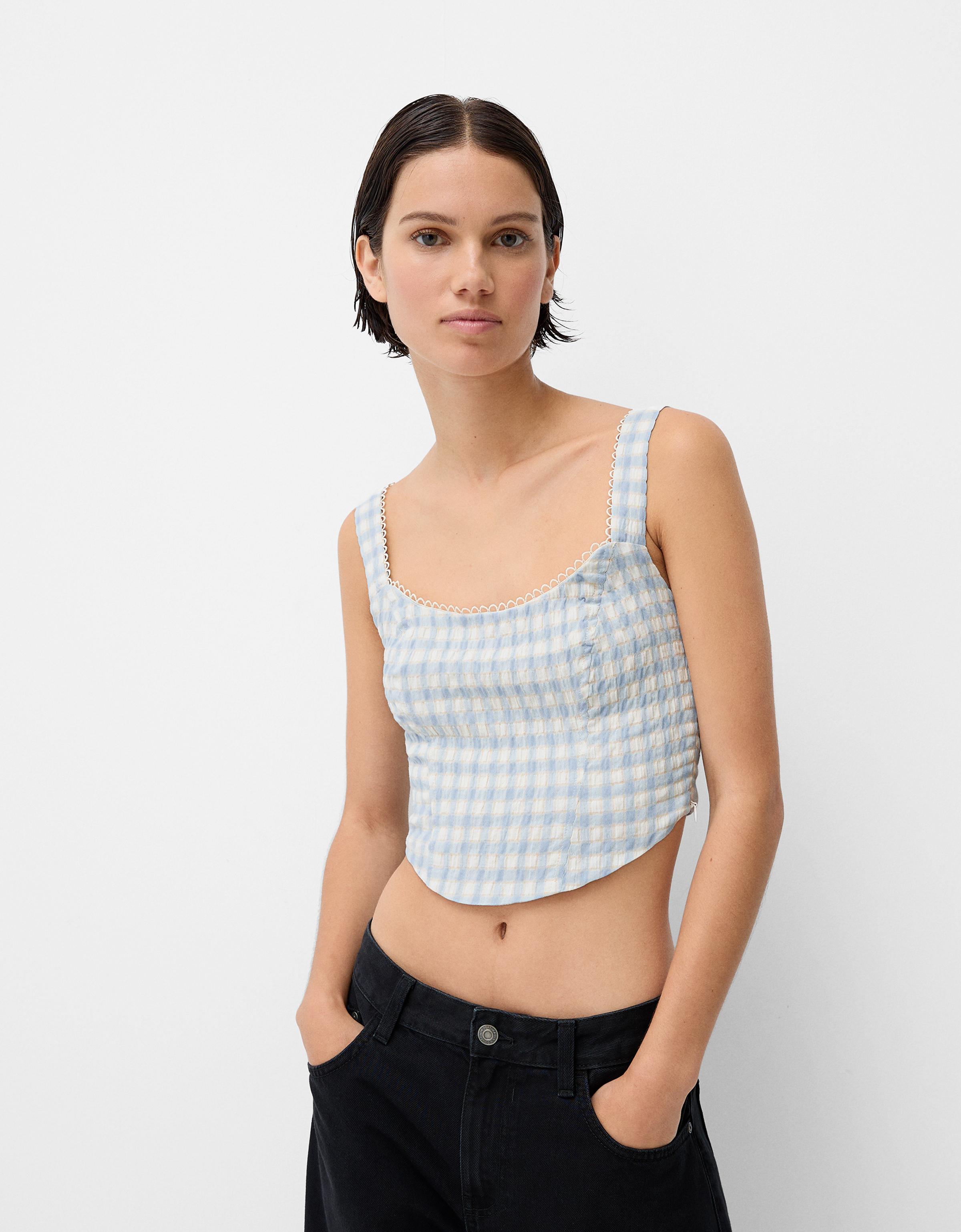 Bershka Top Mit Trägern Und Vichykaros Damen L Hellblau