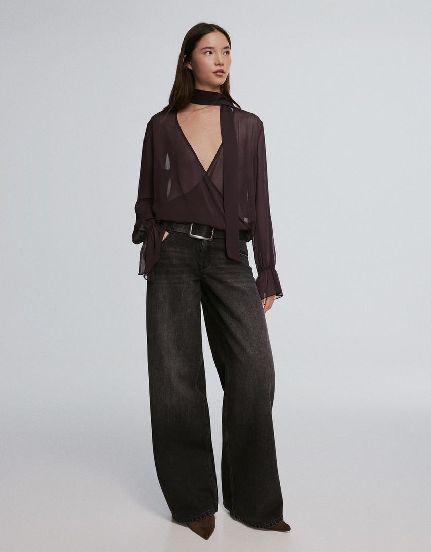 Long sleeve crossover scarf blouse-Brown