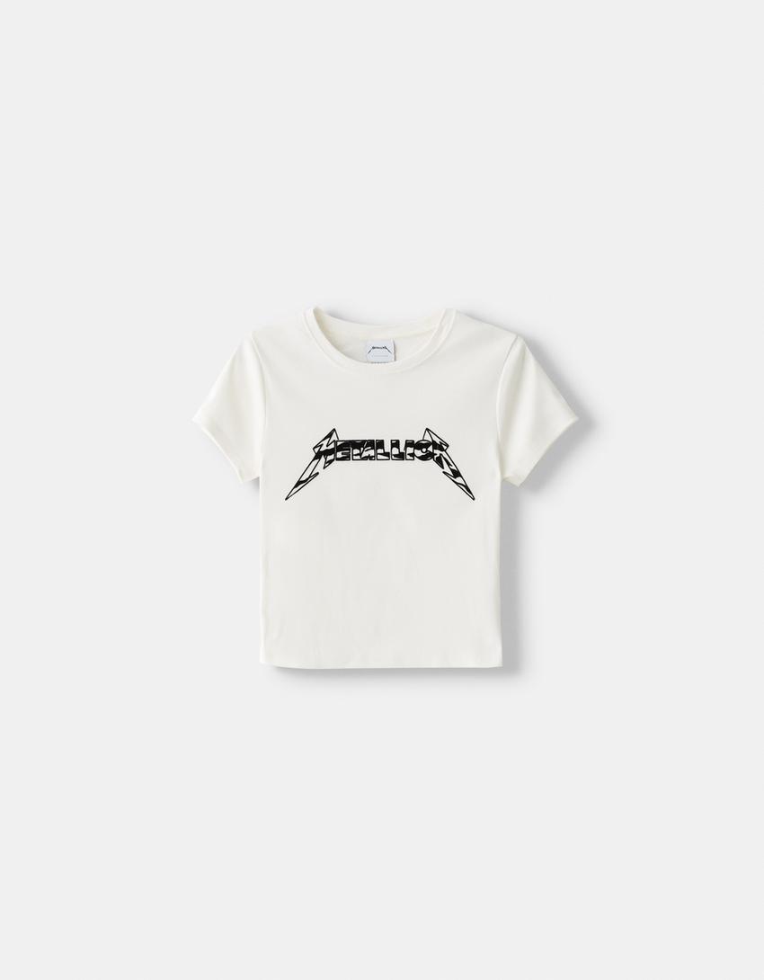 تيشرت ميتاليكا ضيق بأكمام قصيرة-أبيض مطفي-4