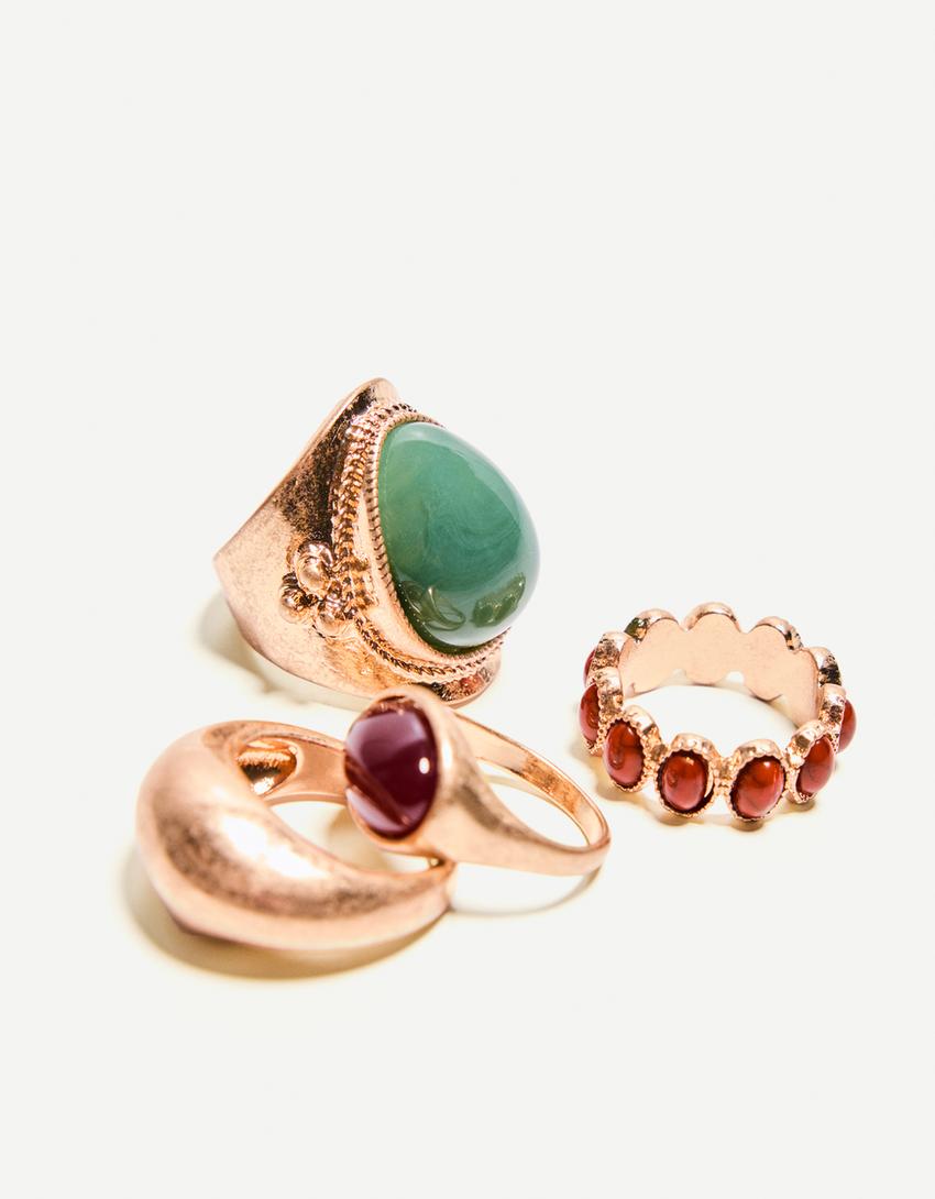 Pack de 4 anéis com pedras-Dourado-1