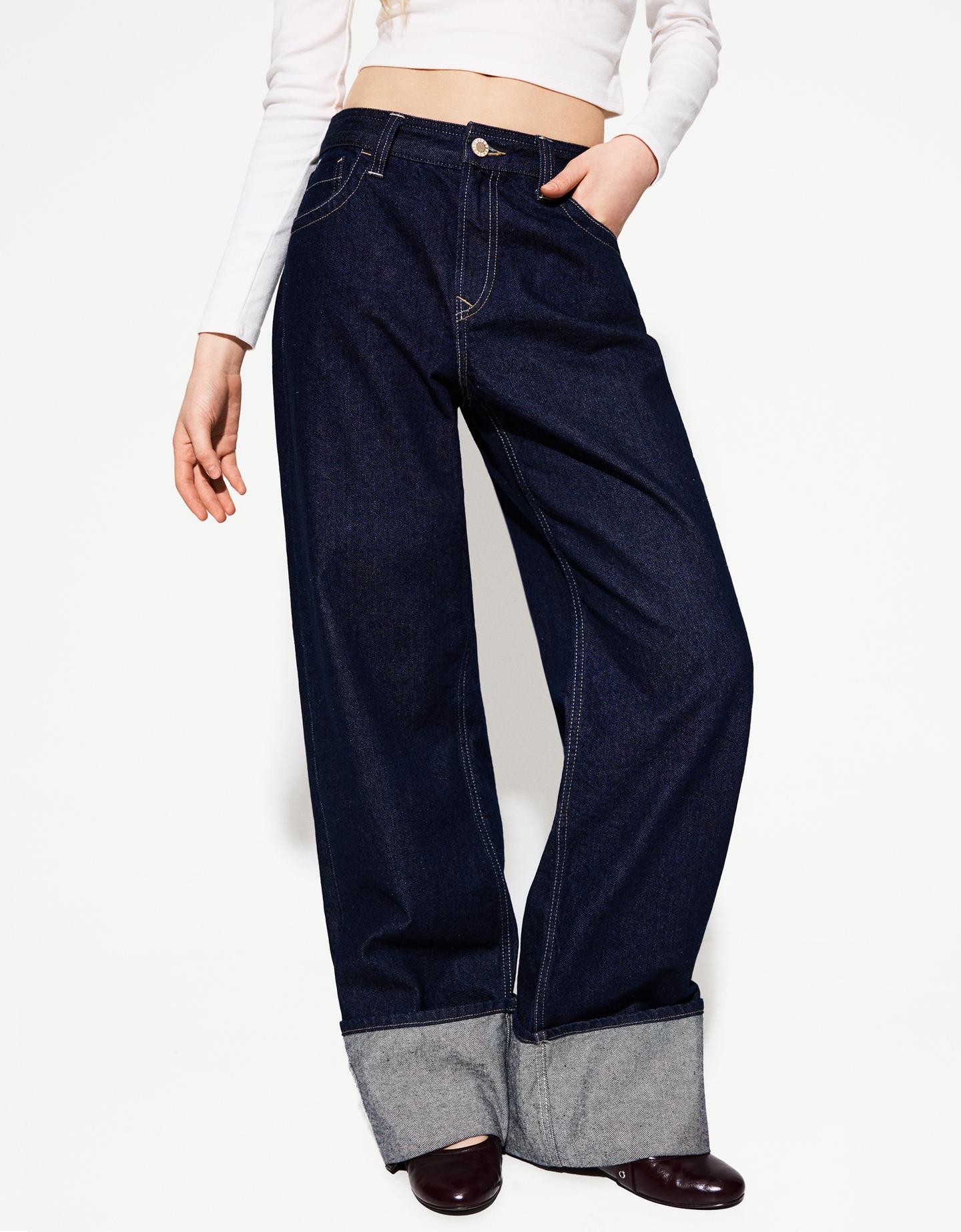 Bershka Wide-Leg-90'S-Jeans Mit Umgeschlagenem Saum Damen 34 Marinenblau günstig online kaufen