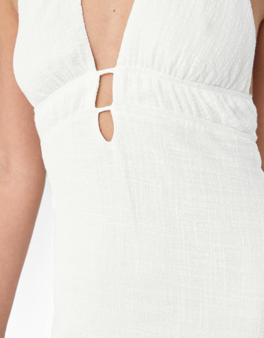 فستان قصير ريفي بياقة هالتر-أبيض-6