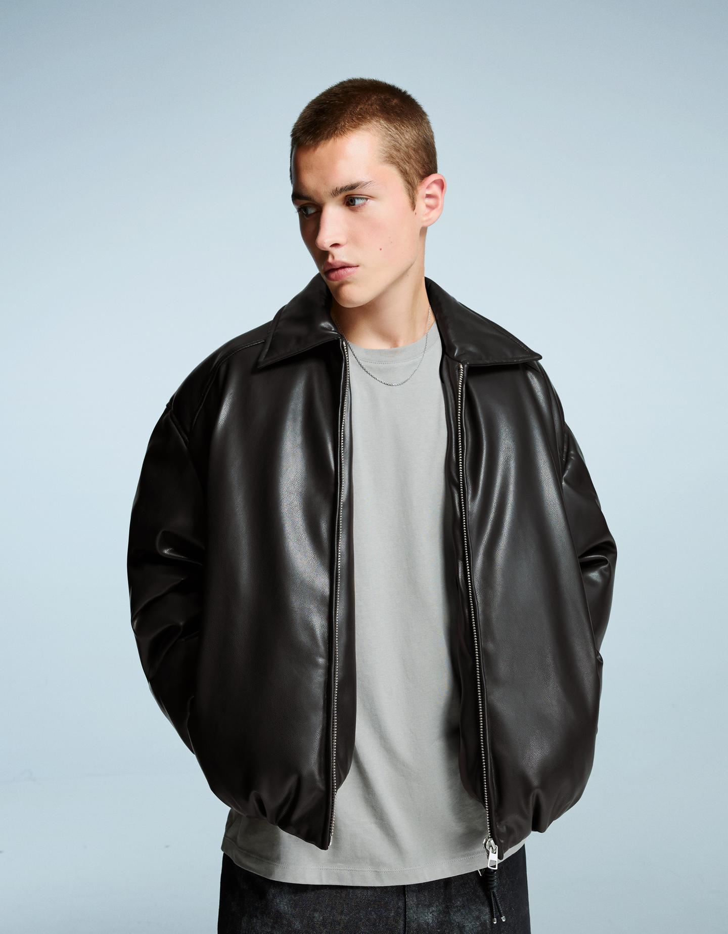 Bershka Cazadora Puffy Efecto Piel Hombre Xs Negro