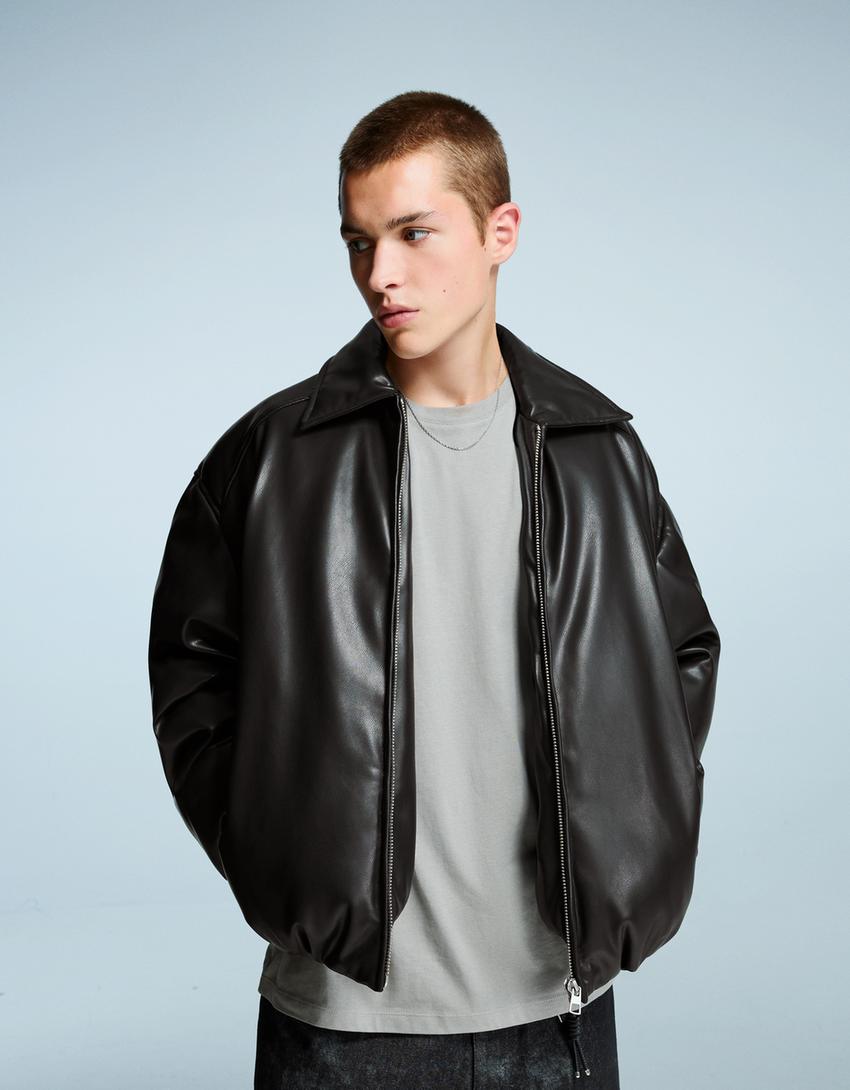 Leather effect puffer jacket-Black