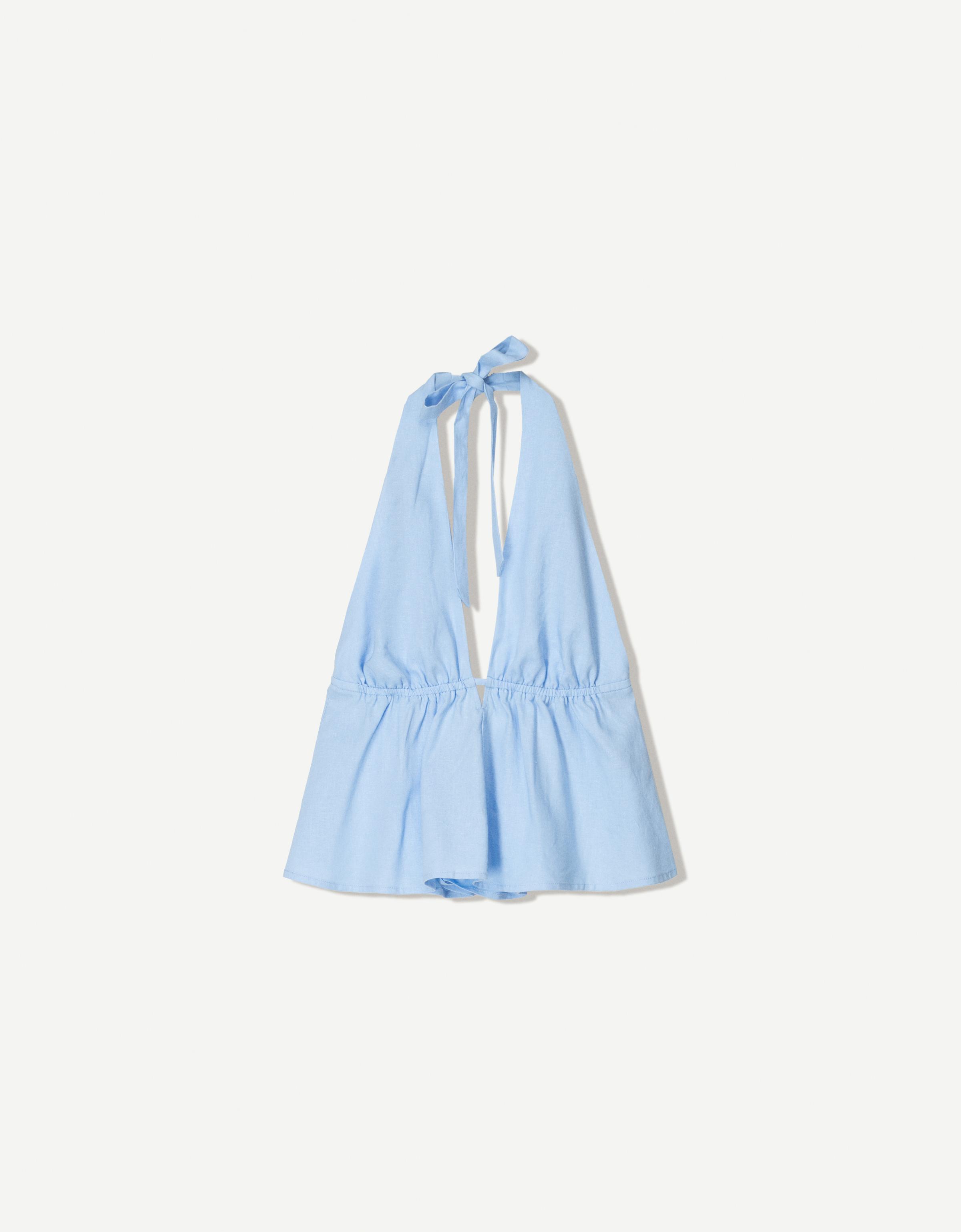 Bershka Neckholder-Top Mit Leinen Bskteen S Hellblau