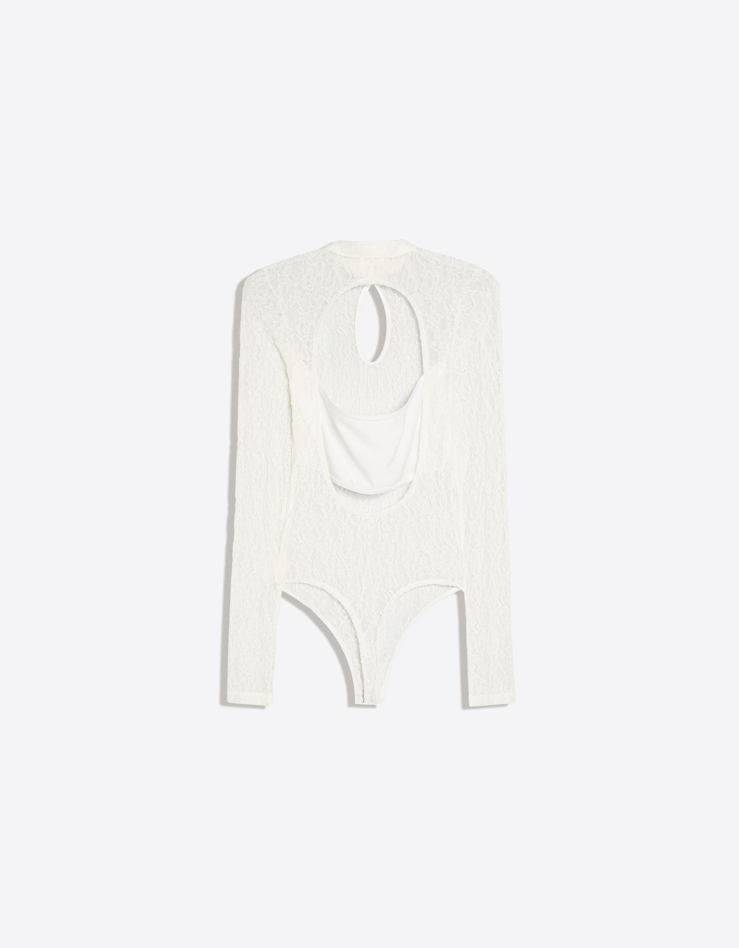Long sleeve lace bodysuit with split neckline — Off white