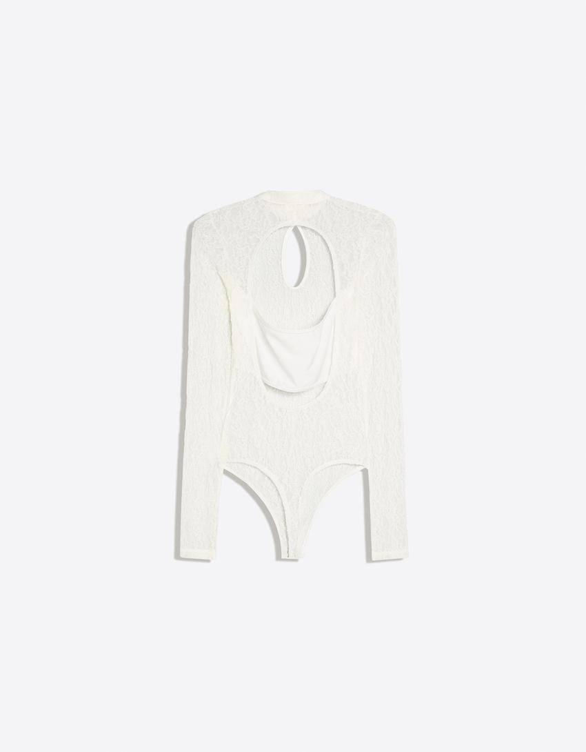 Long sleeve lace cut-out bodysuit-Off white