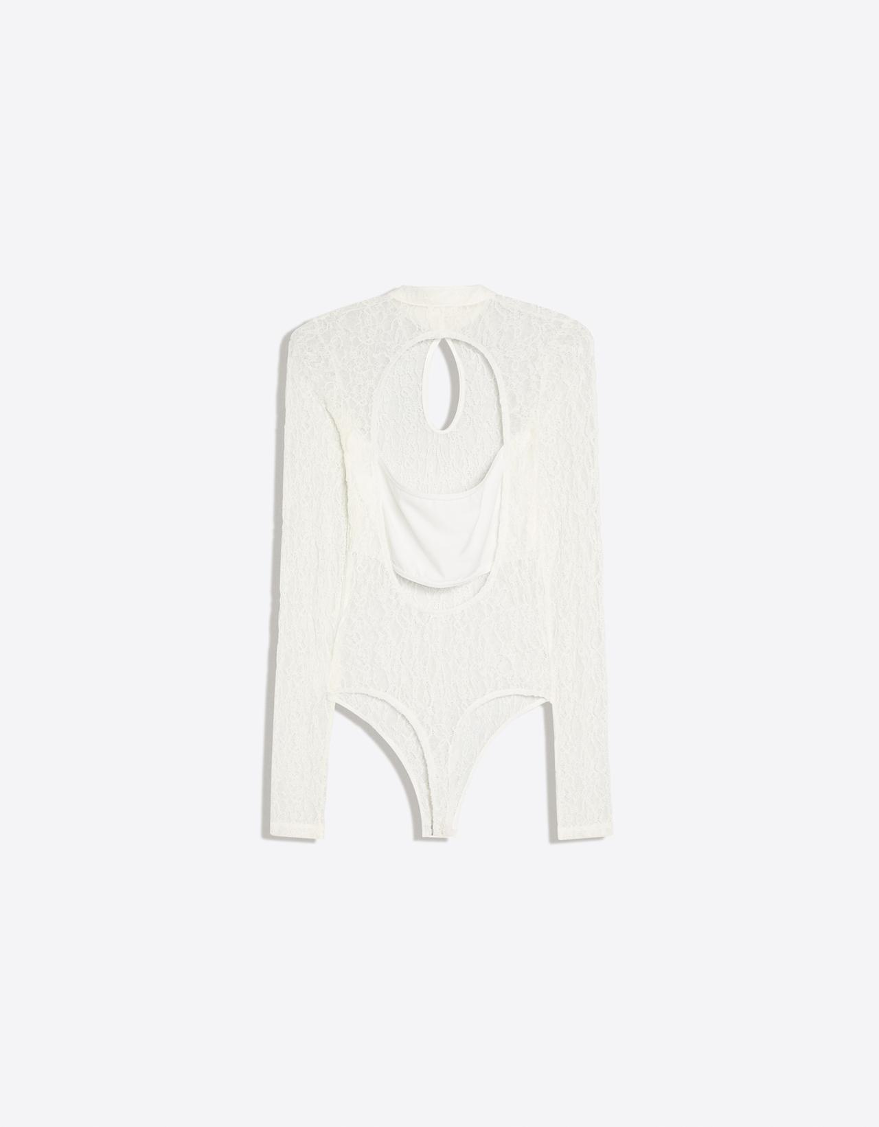 Long sleeve lace bodysuit with split neckline — Off white