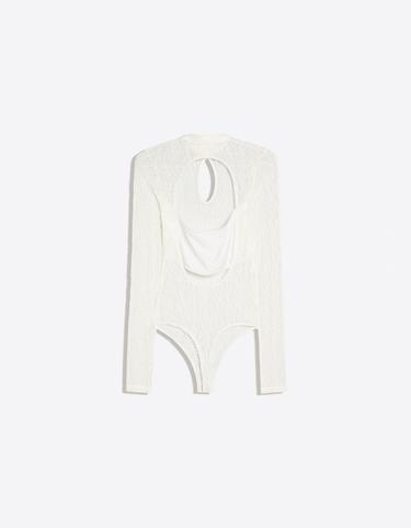 Long sleeve lace bodysuit with split neckline — Off white 6