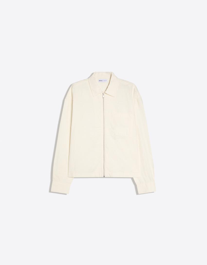 Zip-up overshirt with linen-White