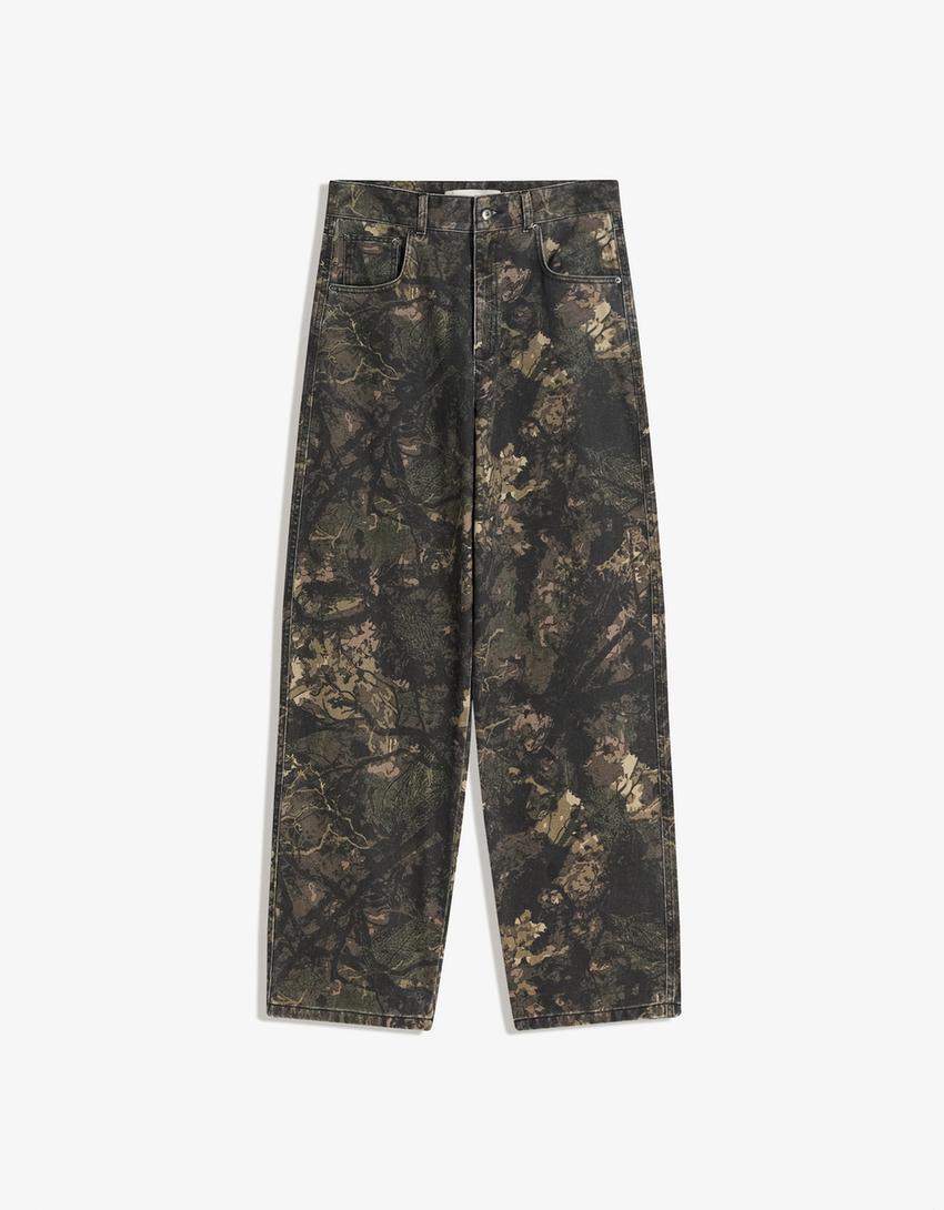 Super baggy printed trousers-Khaki