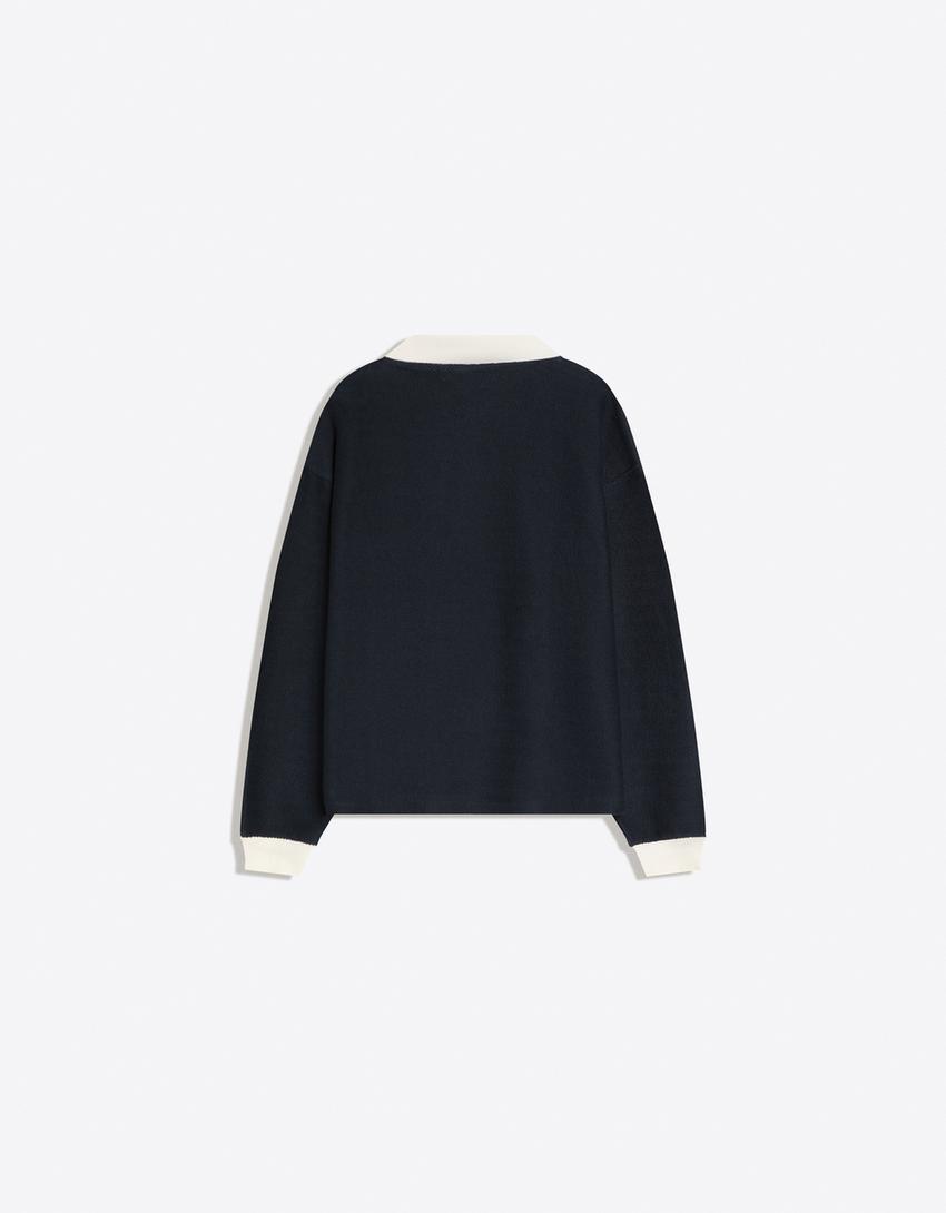 Tricou polo mânecă lungă boxy print-Bleumarin