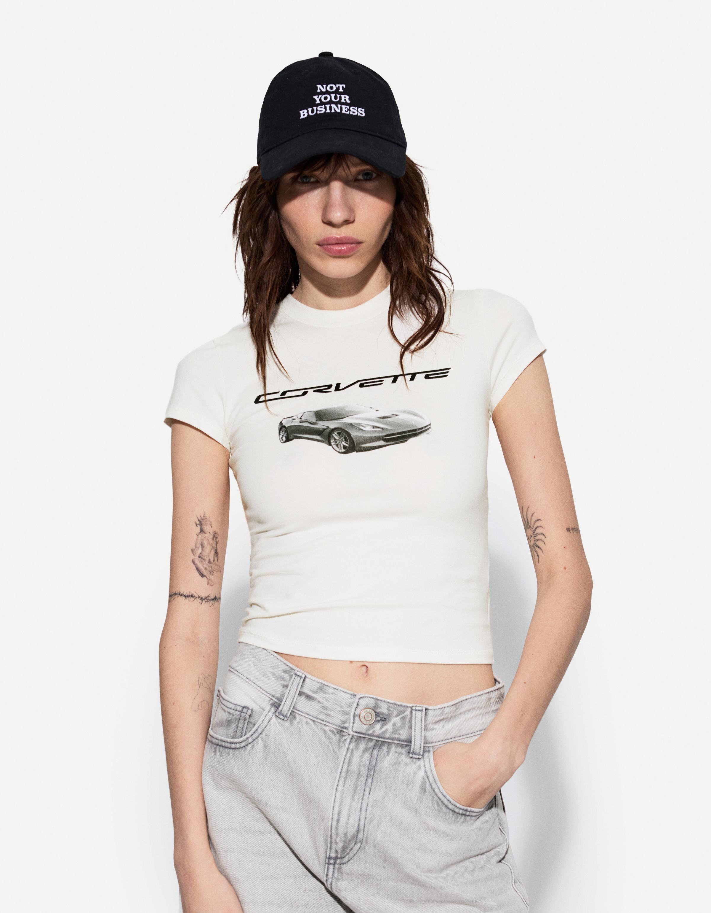 Bershka T-Shirt Corvette Mit Kurzen Ärmeln Damen M Weiss