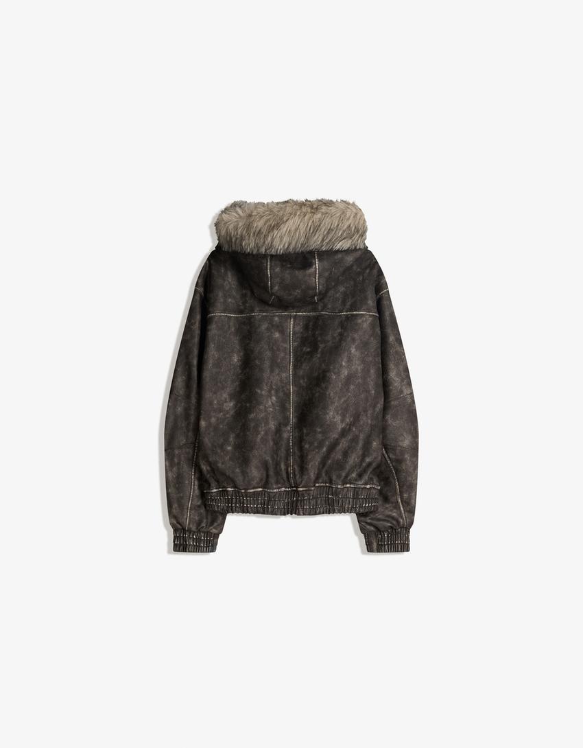 Faux leather hooded jacket-Black