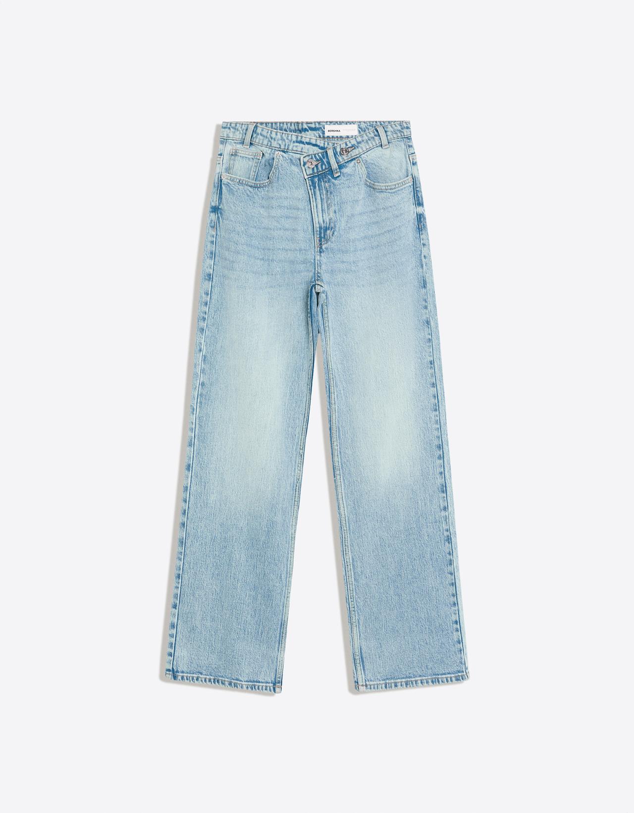 Wide-leg straight-fit jeans with crossover waist — Light blue