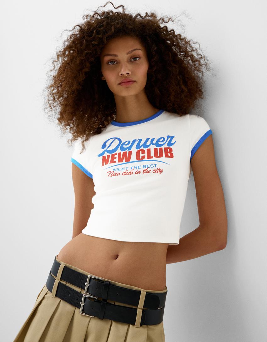 تيشرت متباين بأكمام قصيرة-كريمي-2