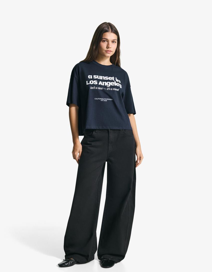 T-shirt Boxy fit à manches courtes imprimé-Marine