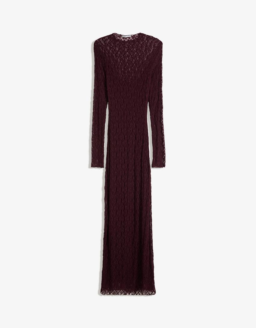 Blonde lace long-sleeve midi dress-Burgundy