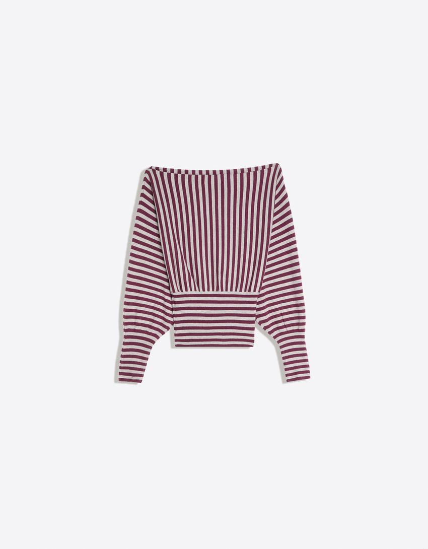 Striped asymmetric neck sweater-Burgundy