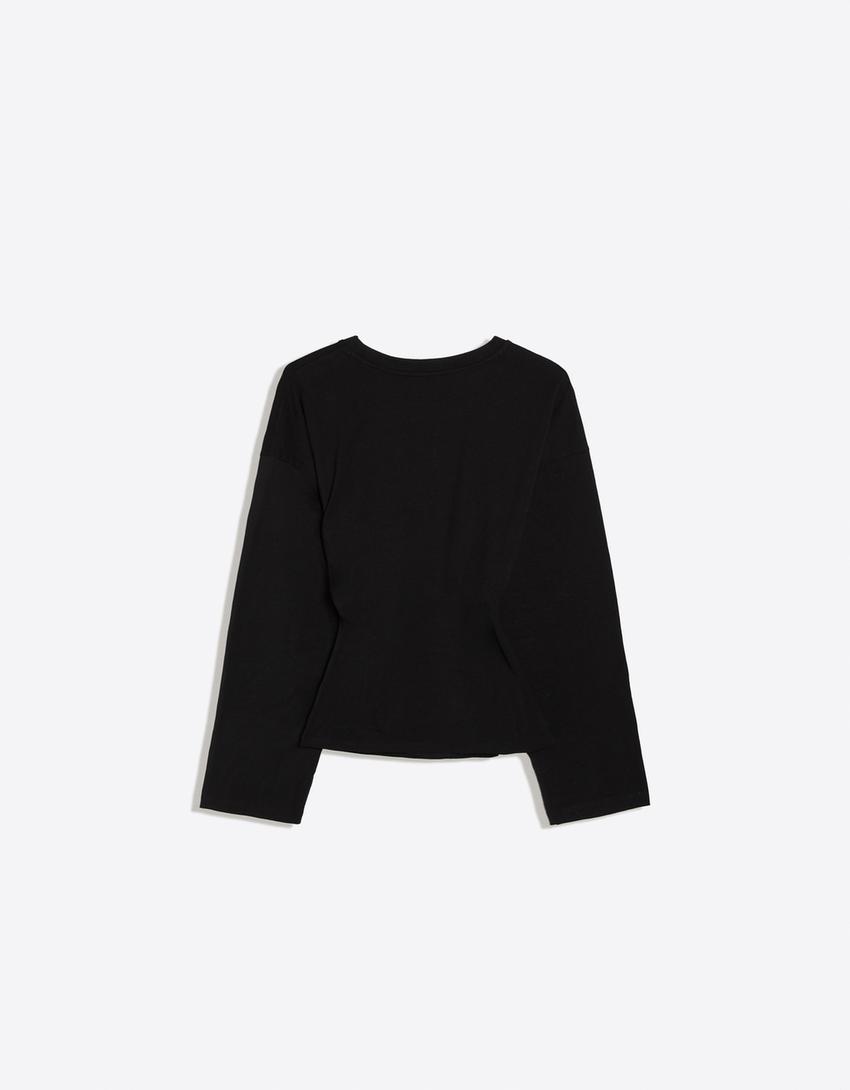 Ruched long sleeve T-shirt-Black