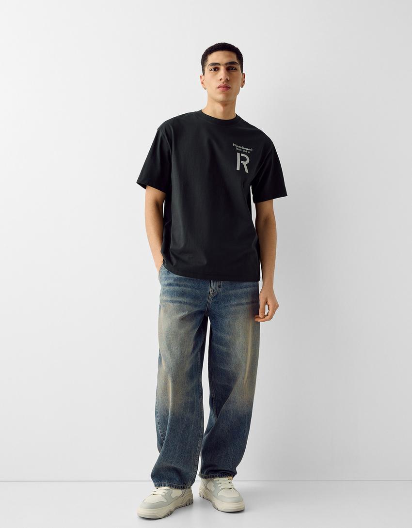 T-shirt boxy manches courtes imprimé-Noir-3