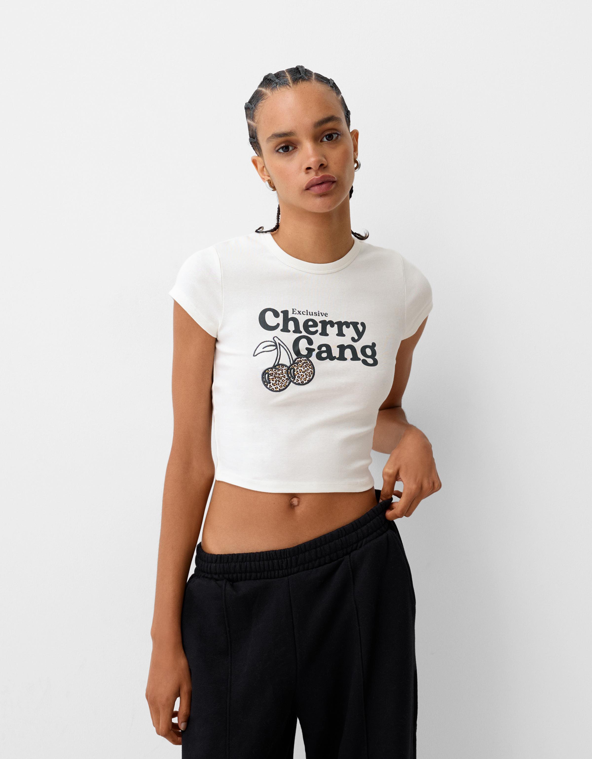 Bershka T-Shirt Mit Print Damen S Rohweiß