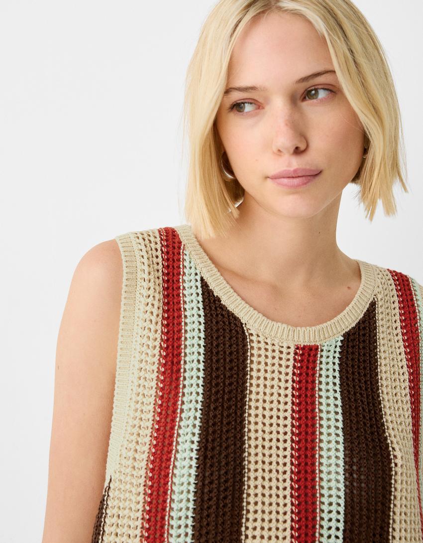 T-shirt bretelles ajours rayures-Sable-6