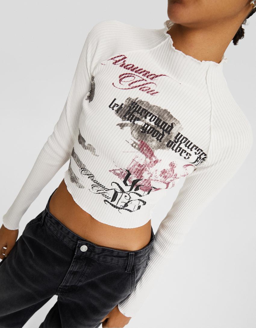 سويتر بطبعة وأكمام طويلة-أبيض مطفي-2