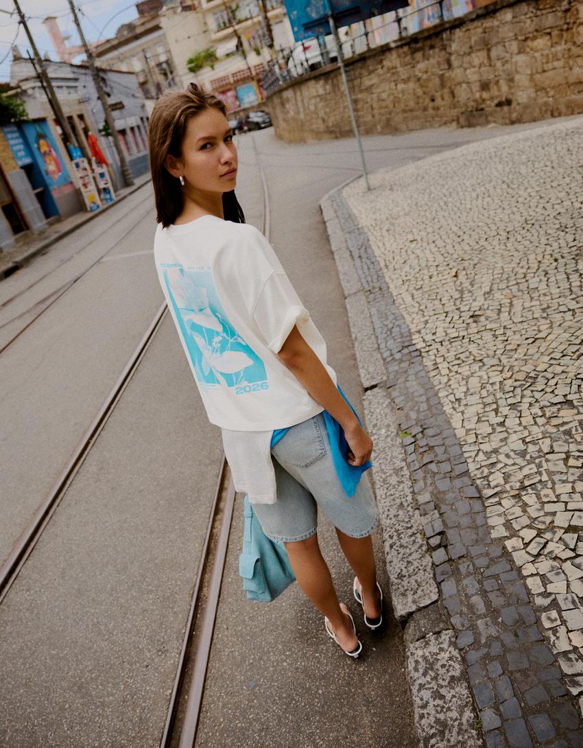 Boxy fit T-shirt met print-Gebroken Wit