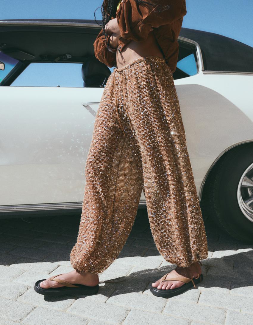 Sequinned drop crotch pants-Camel