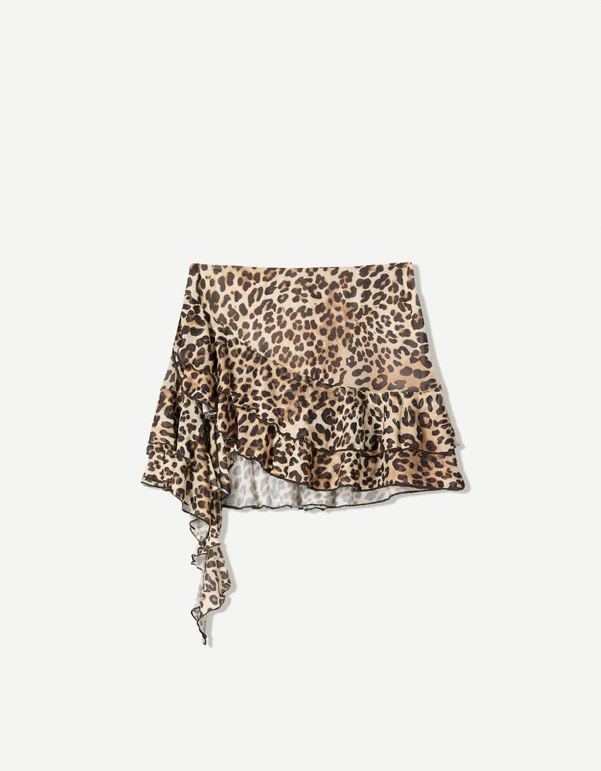 Minissaia tule folhos animal print-Cru-0