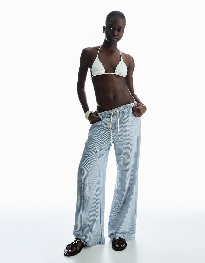 Striped rustic trousers-Navy