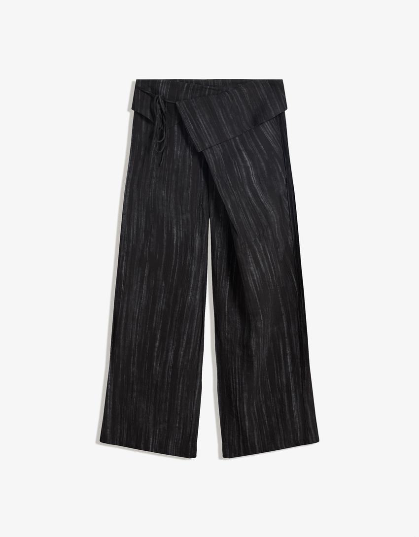 Textured pants with fold-over waist-Black-4