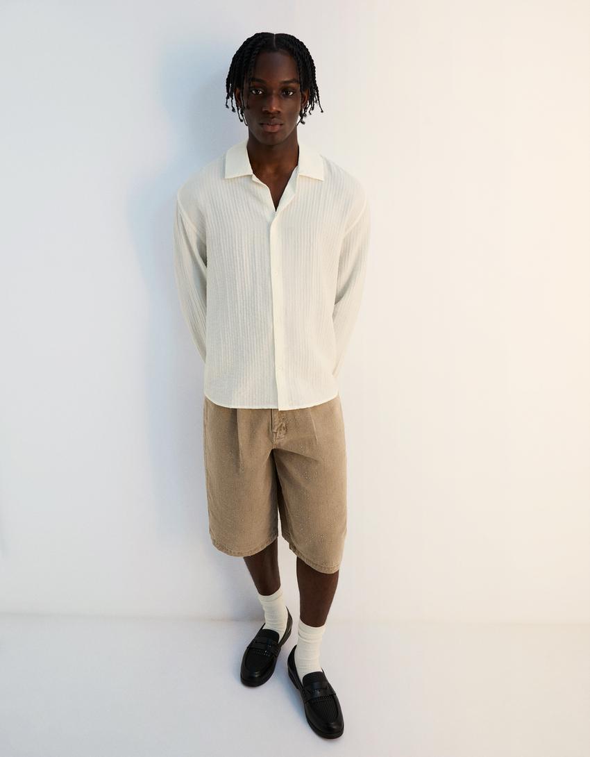 Frayed effect skater Bermuda shorts-Sand-3