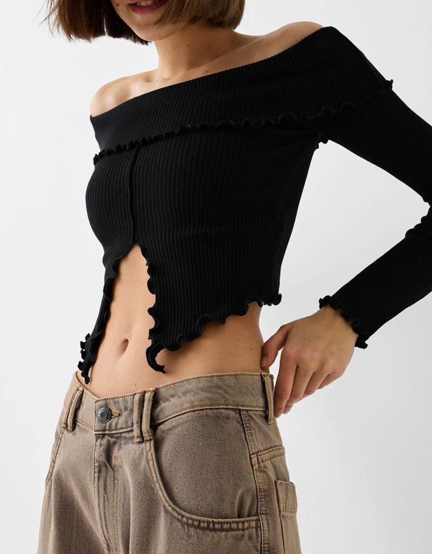 سويتر بياقة باردو وأكمام طويلة-أسود-5