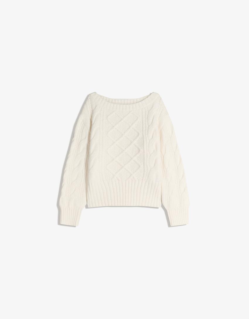 Maglione scollo a barchetta intrecciato-Avorio