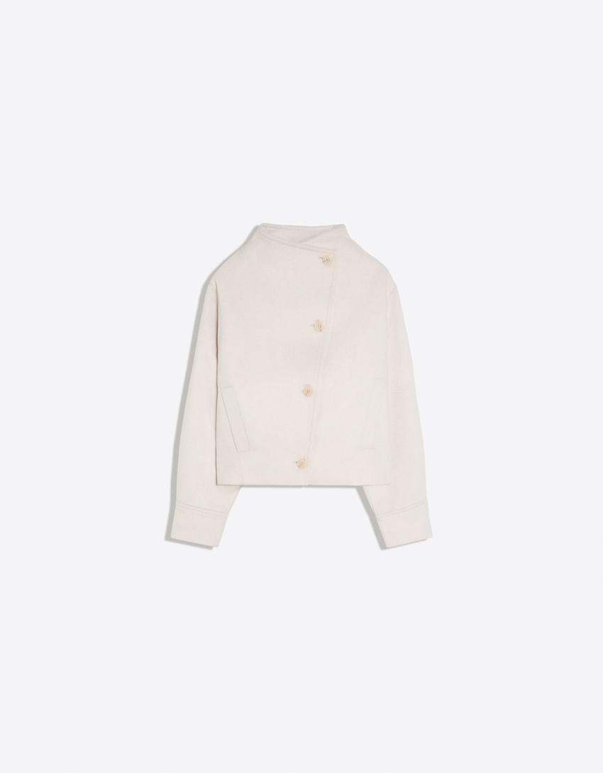 Cropped wrap felt-effect jacket-Cream