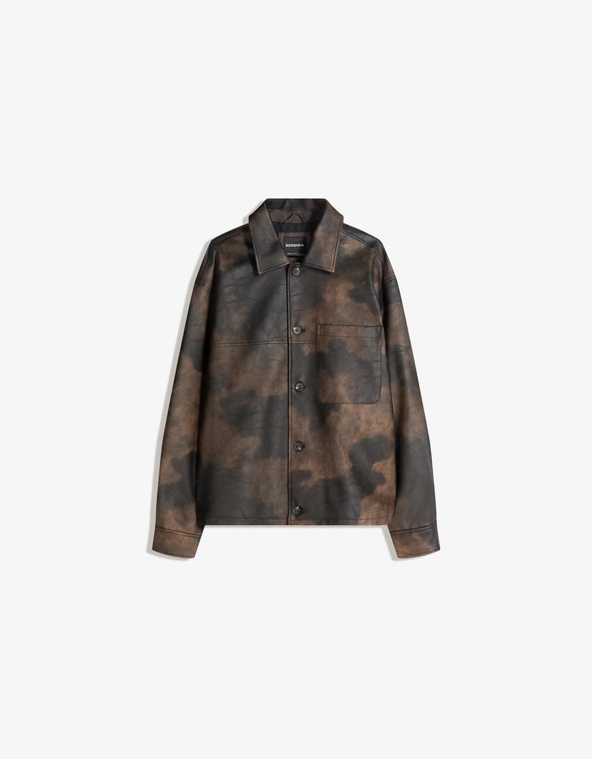 Leather effect boxy-fit overshirt-Brown